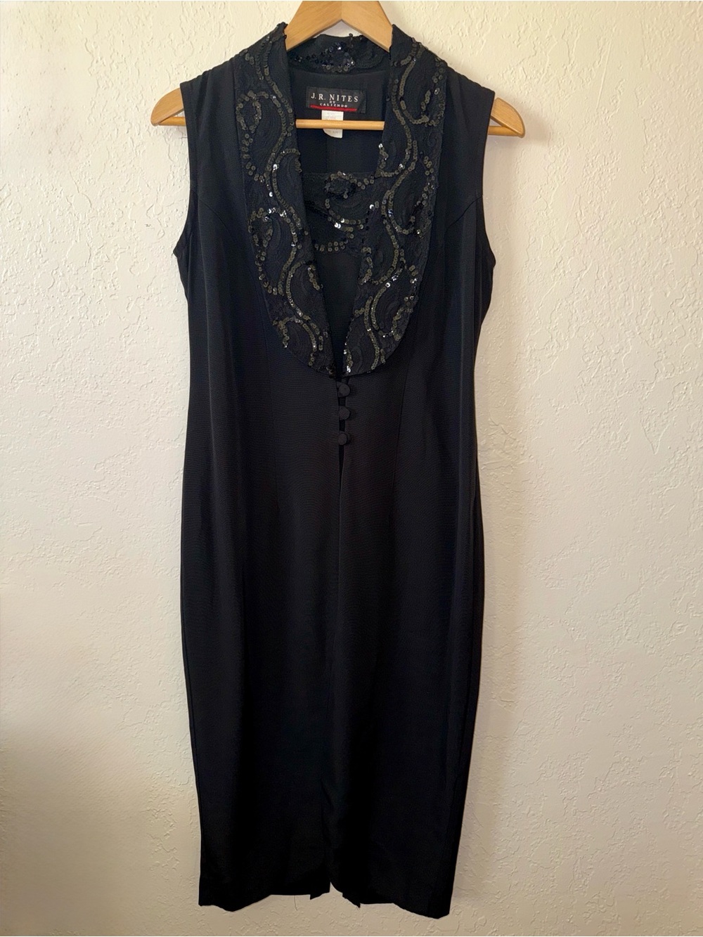 Vintage 80s J.R. Nites Black Long Vest 3/4 Sequin Lace Lapel Split Tail USA Made